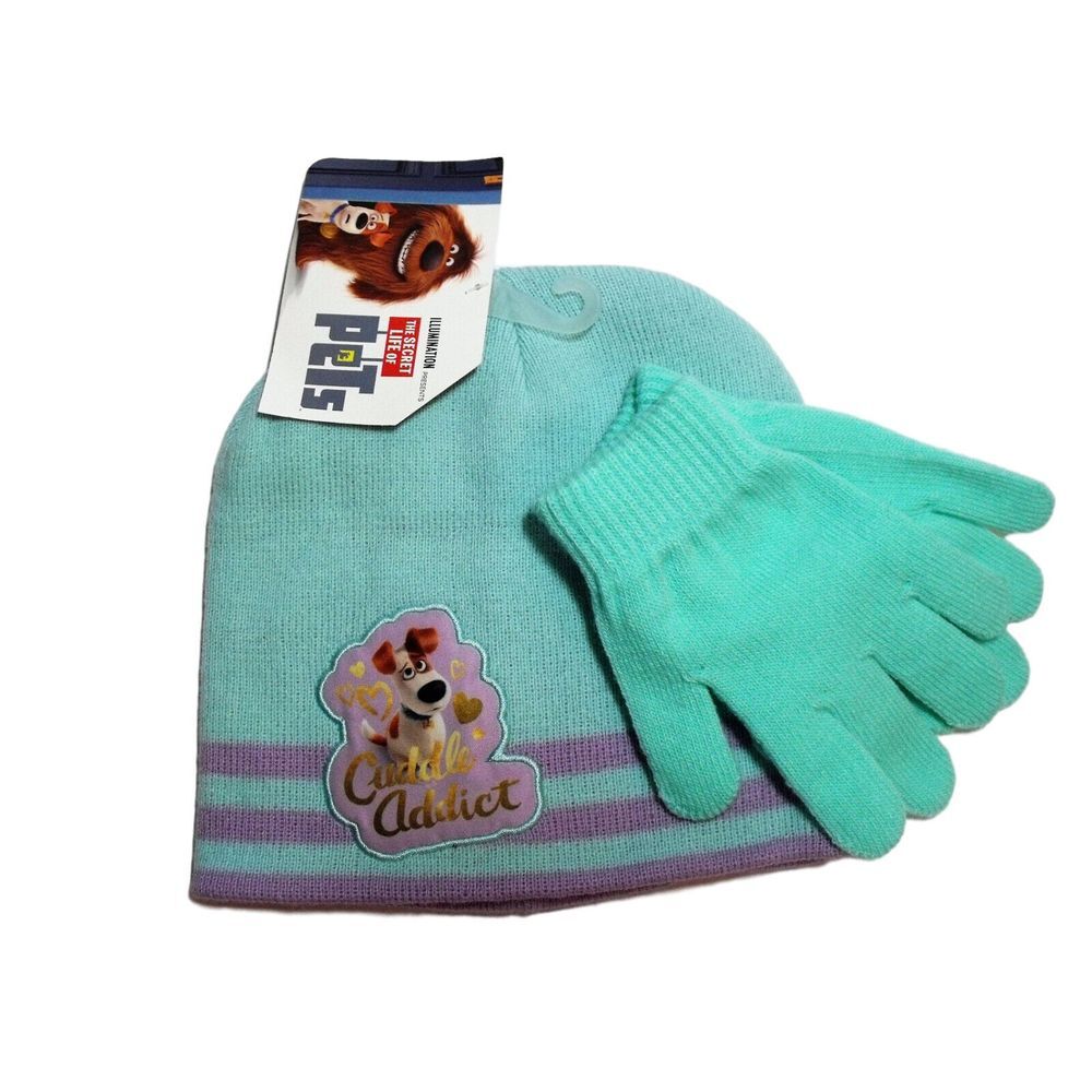 Secret Life of Pets Max Cuddle Teal Turquoise Knit Beanie Winter Hat Gloves NWT‎